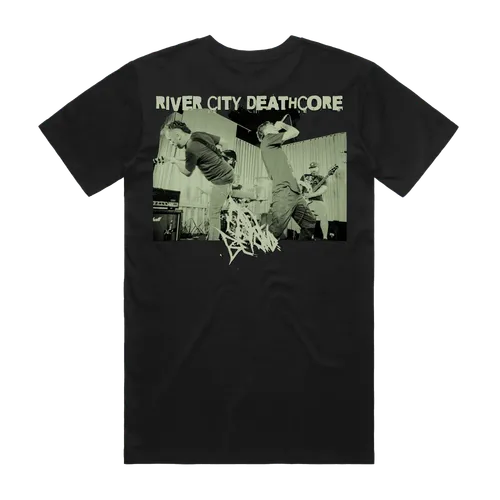 Black t-shirt with graphic design and text 'River City Deathcore' on a white background